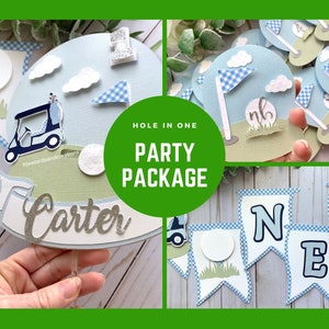 Golf theme Party Bundle, High chair banner, cake topper, Monthly photo cards, Hole in One first birthday, Hole in one party bundle
