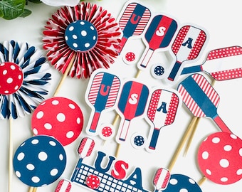 Pickleball 4th July, Happy 4th cupcake toppers, Set of 12, Pickleball 4th party, Pickleball decor, Preppy Pickleball, Dink and Drink