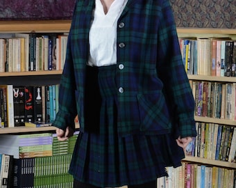 Preppy Winter - Modified Vintage Kilt with Linen Blouse, Sweater and Shacket in Black Watch Plaid Wool