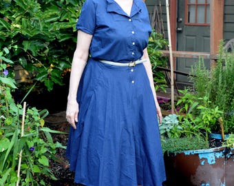 Navy Shirt Dress in Vintage Style with Circle Skirt