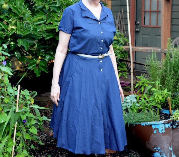 navy blue vintage style dress Navy Shirt Dress in Vintage Style with Circle Skirt