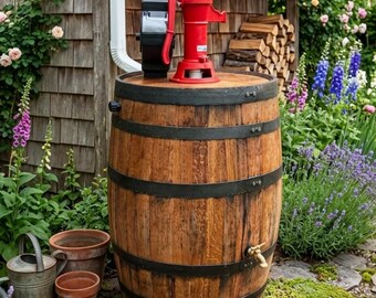 Red wine barrel-style rainwater collection tank with hand pump