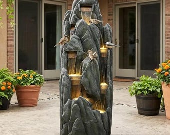 Outdoor tiered stone fountain with LED lighting