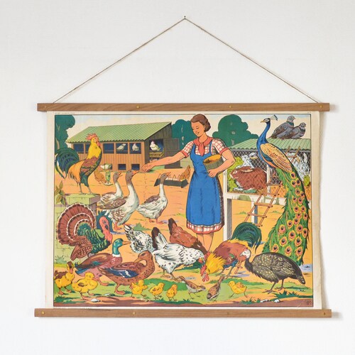 Old school poster shops / theme of the barnyard and farm / Editions MDI Oberthur printing / made in France / oak frame