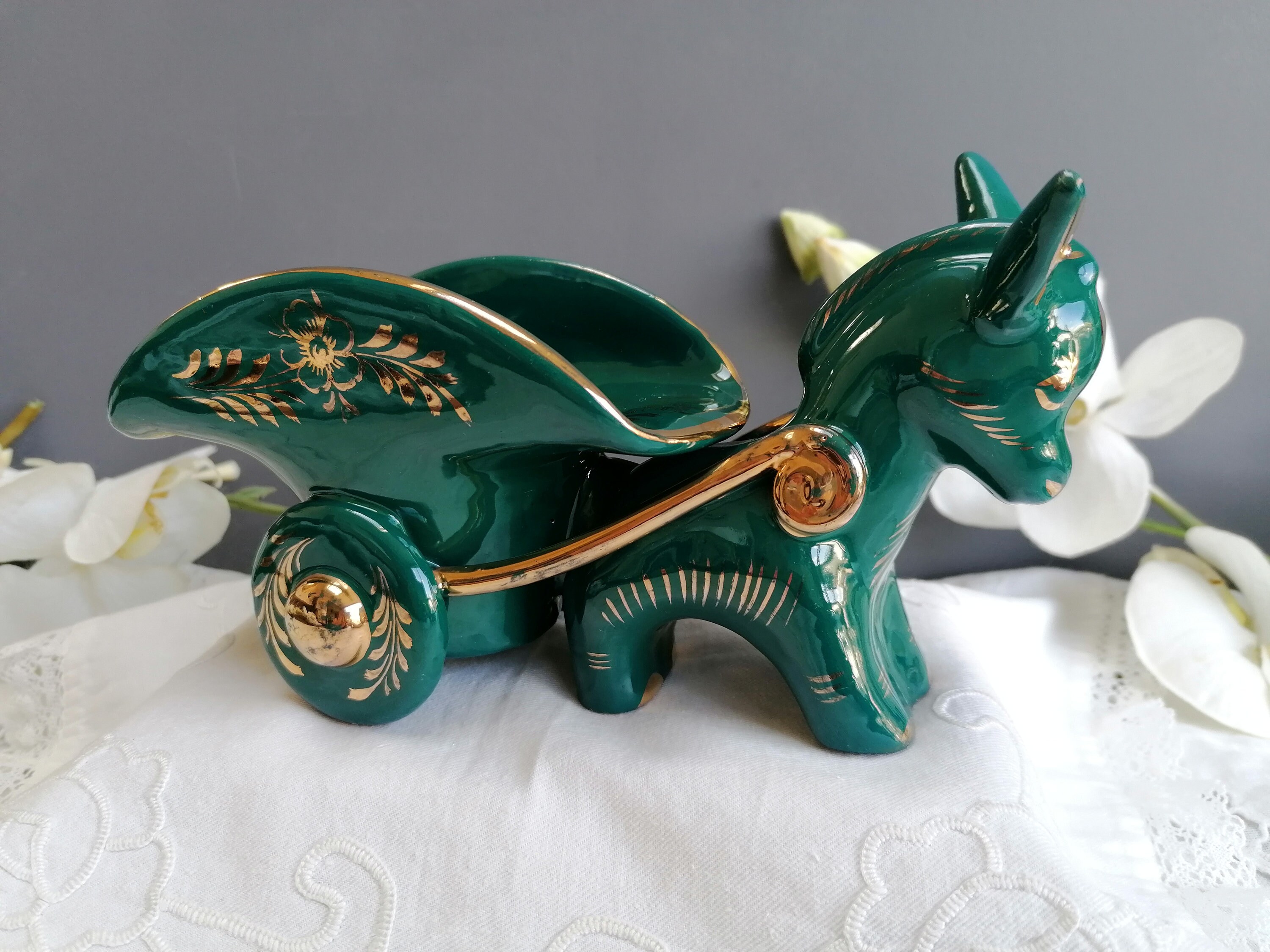 Charmant Petit Âne en Céramique Verte et Dorée à L'or Fin. Vintage Français Années 50-60, Vernie La 