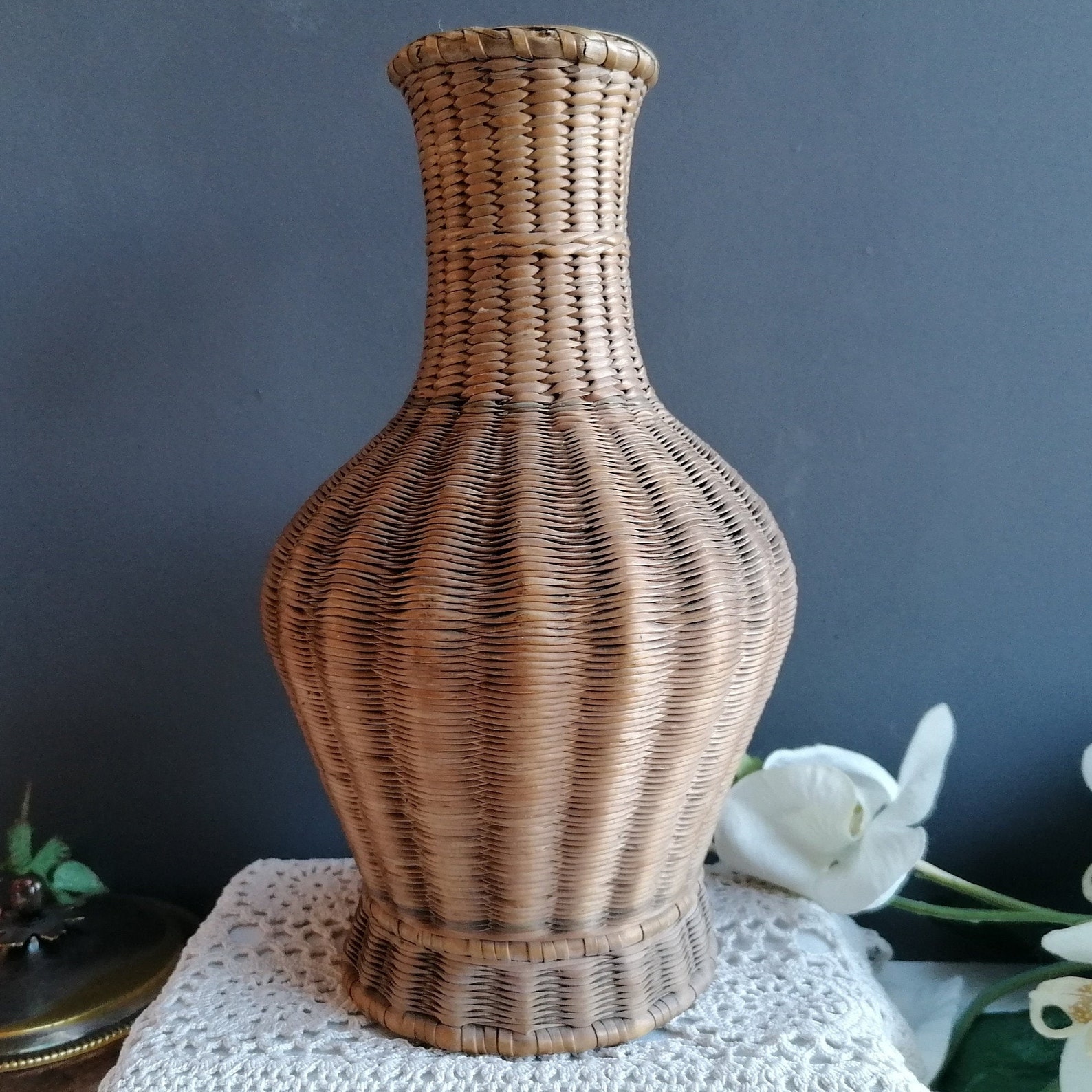 Small vintage wicker vase. Beautiful work of braiding of Etsy