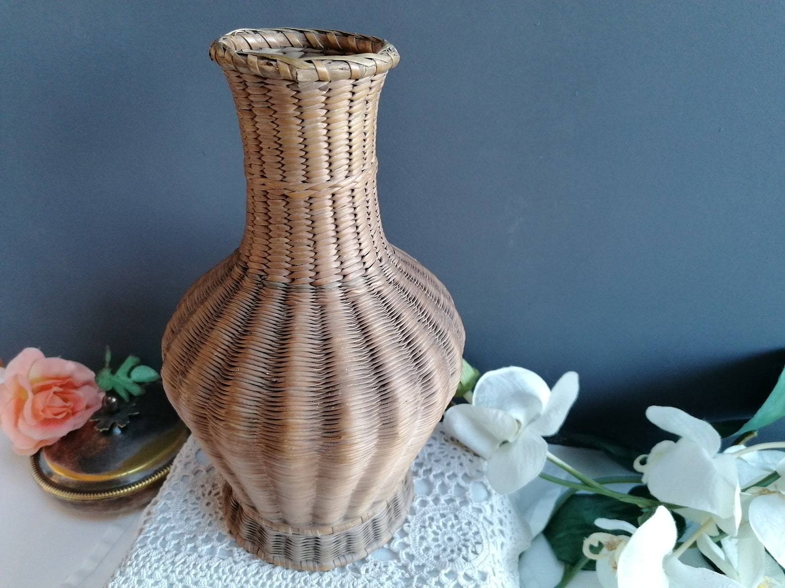 Small vintage wicker vase. Beautiful work of braiding of Etsy