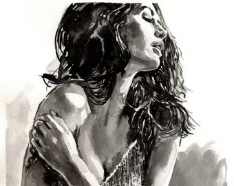 beautiful erotic nude girl love wall decor gift idea Cutie original handmade ink drawing on paper