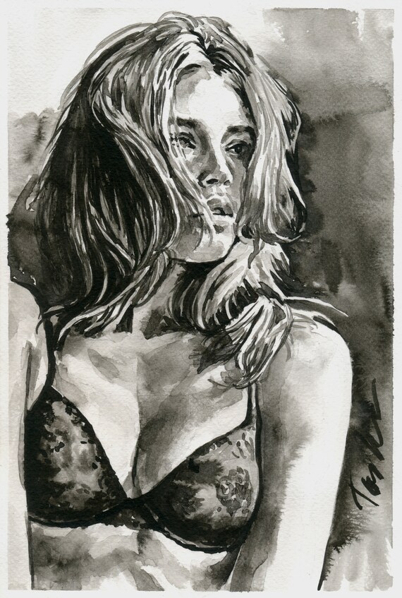 beautiful erotic nude girl love wall decor gift idea Cutie original handmade ink drawing on paper
