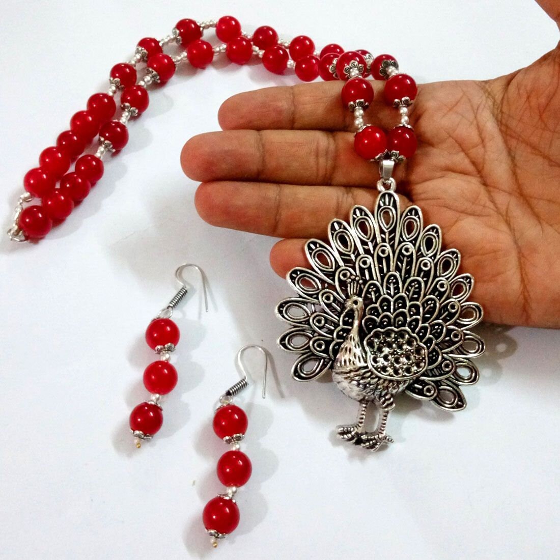 Imitation Pearl Peacock Design Oxidised 