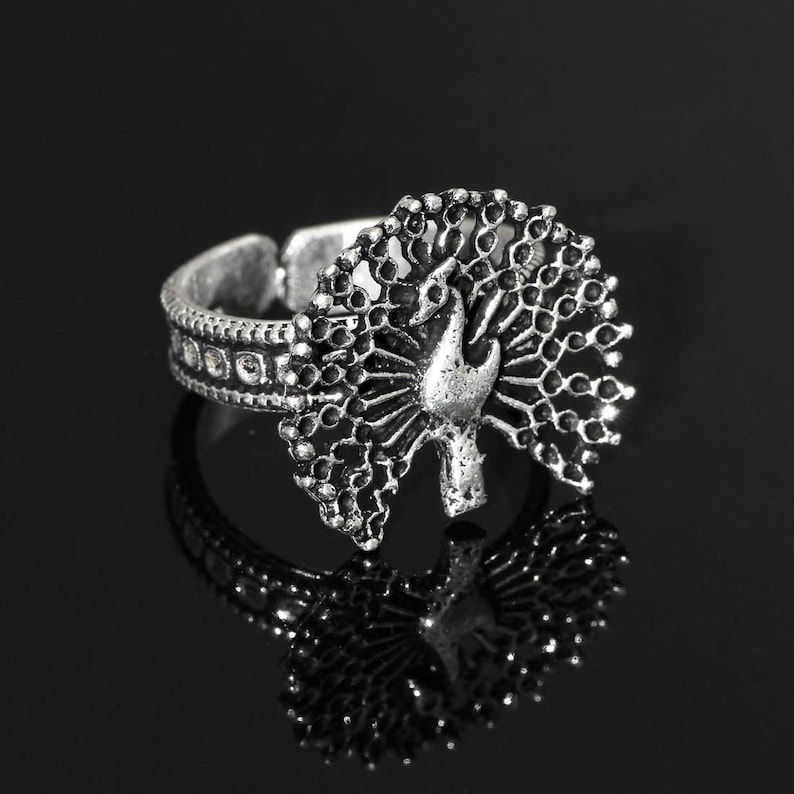 Gift for Her Mother/'s Day Oxidised Peacock adjustable Ring Indian Jewelry Christmas Navratri Handmade Silver Color Bollywood Ring