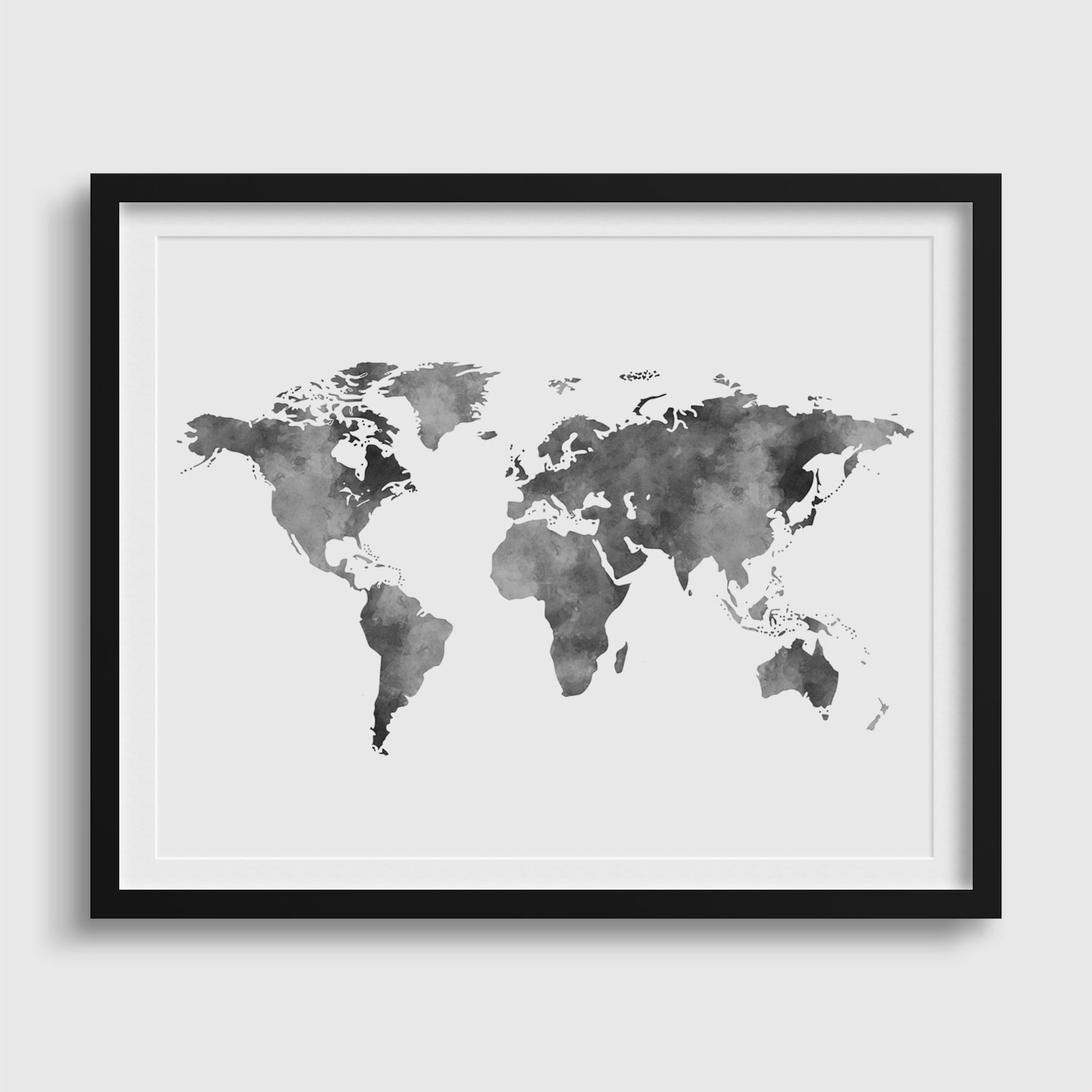 Gray World Map, Watercolor World Map, World Map Poster, World Map Print