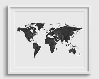 World Map Poster, World Map Print, World Map Wall Art, Watercolor, Black And White World Map