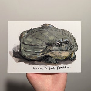 Pu&ograve; includere: Illustrazione disegnata a mano di una grande rana grigia con la bocca leggermente aperta, su sfondo bianco. La rana &egrave; il punto focale, con la scritta "He too, is quite famished" sotto. L'opera d'arte ha uno stile abbozzato.