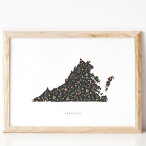 Virginia Wildflower digitale print || Modern Virginia-decor || Leuke staat Virginia kaart || Aangepaste thuisstaat afdrukken || DIGITAAL bestand