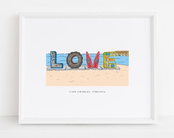 Cape Charles LOVE Sign Art Print | Eastern Shore Illustration