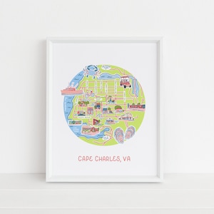 Puede incluir: Un mapa ilustrado colorido de Cape Charles, Virginia, con puntos de referencia y puntos de interés. El mapa está en un marco blanco y está sobre una superficie blanca.