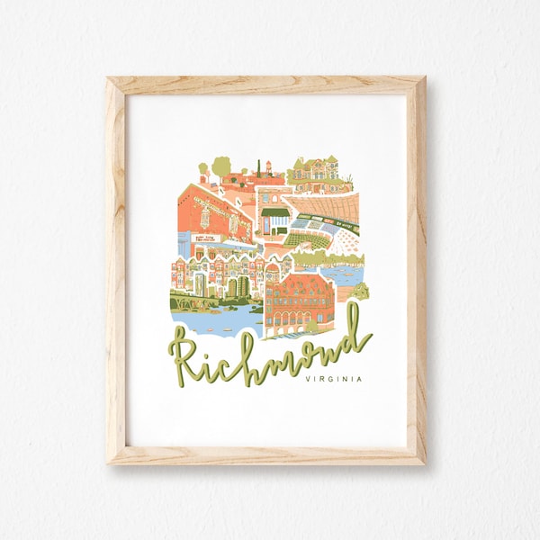 Heldere Richmond, Va collageprint || RVA Skylinekunst || Kerstcadeau van het centrum van Richmond