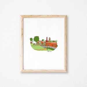 May include: A framed illustration of a small town with red brick buildings, green trees, and a water tower. The text "Lidget Hill" is at the bottom of the illustration.