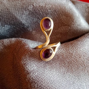 Double Amethyst 925 Sterling Silver Adjustable Ring, One Size - Statement Jewelry Ring / Boho Unique Fashion Jewelry. Silver ring