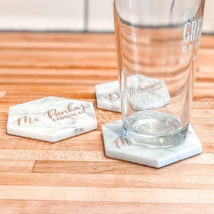 4" White Marble Personalized Coaster Place Cards
