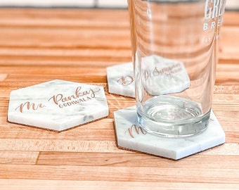 4" White Marble Personalized Coaster Place Cards