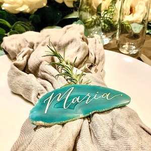 Custom Agate Slice Place Cards and Favors for Weddings - Green