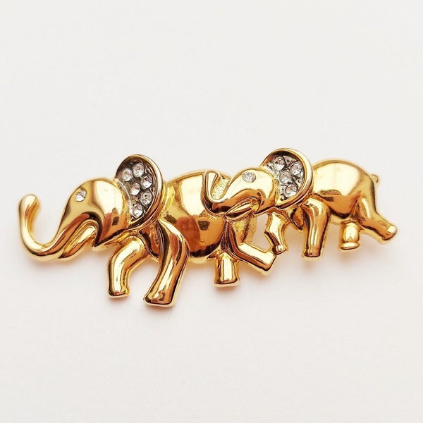 Vintage Gold Plated Elephants Brooch with Swarovski Crystals - In excellent condition - Elephant with calf Brooch - 1950’s Vintage with box