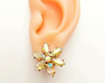 Pendientes de clip vintage de cristal Aurora Borealis de los años 60