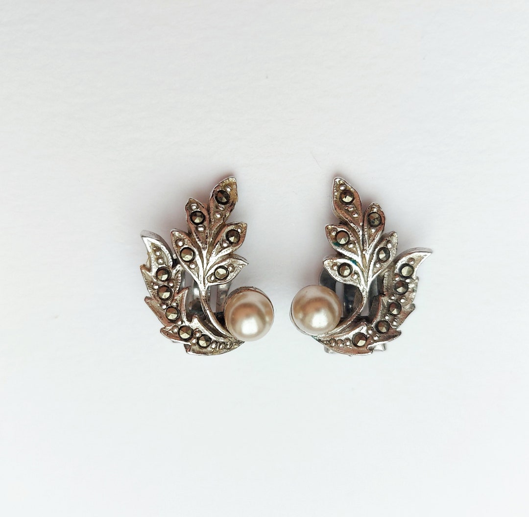 Vintage Pearl and Marcasite Clip on Earrings With Vintage Box Etsy