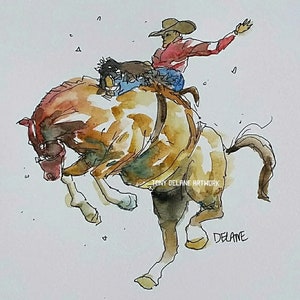 Rodeo watercolor art print on paper. 8 inches by 8 inches in size.