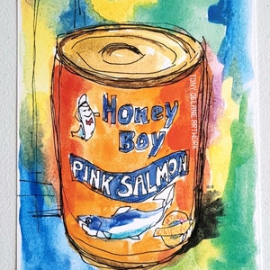 Honey Boy pink salmon kitchen watercolor print. 5x7 inches in size