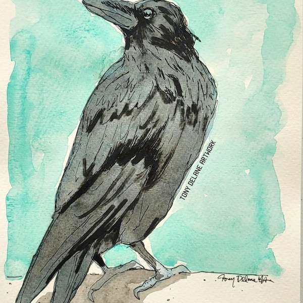 original Raven watercolor on paper. 9x12 in size