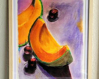 Original Framed Pastel Painting - Cantaloupe and Cherries Still Life