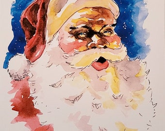 Santa unframed watercolor art print. Approximately 7.5 inches by 10 inches in size.