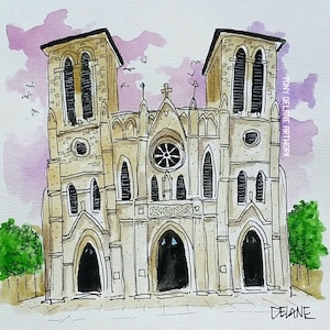 San Fernando Cathedral in San Antonio Texas. This watercolor print is 8x8 inches in size.