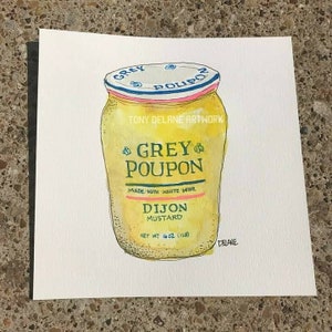 Grauer Poupon Senf Aquarell Küche Kunstdruck. 8x8 Zoll in der Größe. Das Originalgemälde steht zum Kauf zur Verfügung.