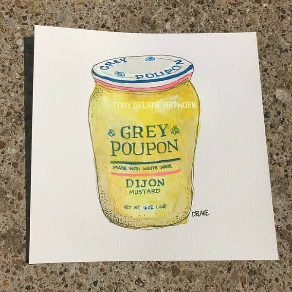 Grey Poupon Mustard watercolor kitchen art print. 8x8 inches in size.The original painting is available for purchase.