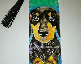 Dachshund print laminated bookmark with black or red tassel. I created the original fun bookmark with oil pastels.