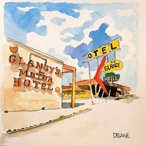 Original watercolor of Glancy's Motor Hotel along Route 66 in Clinton. OK. 8 inches by 8 inches in size.