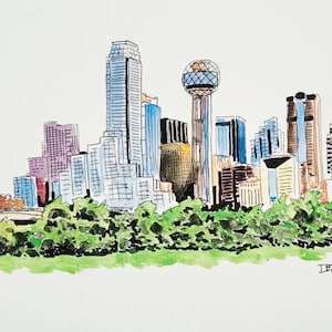 Dallas skyline watercolor print. Approximately 15x11 inches in size. This print is unframed