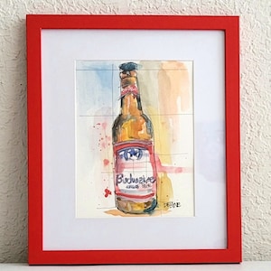 絵画　バドワイザー Original Budweiser Beer Bottle Painting, Red Frame (8x10) - Etsy
