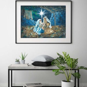 IMPRESIÓN de arte de la Natividad, pintura de la Natividad, escena del pesebre, decoración de Navidad, arte de Navidad, regalo de Navidad, arte de Navidad azul, regalos para Navidad
