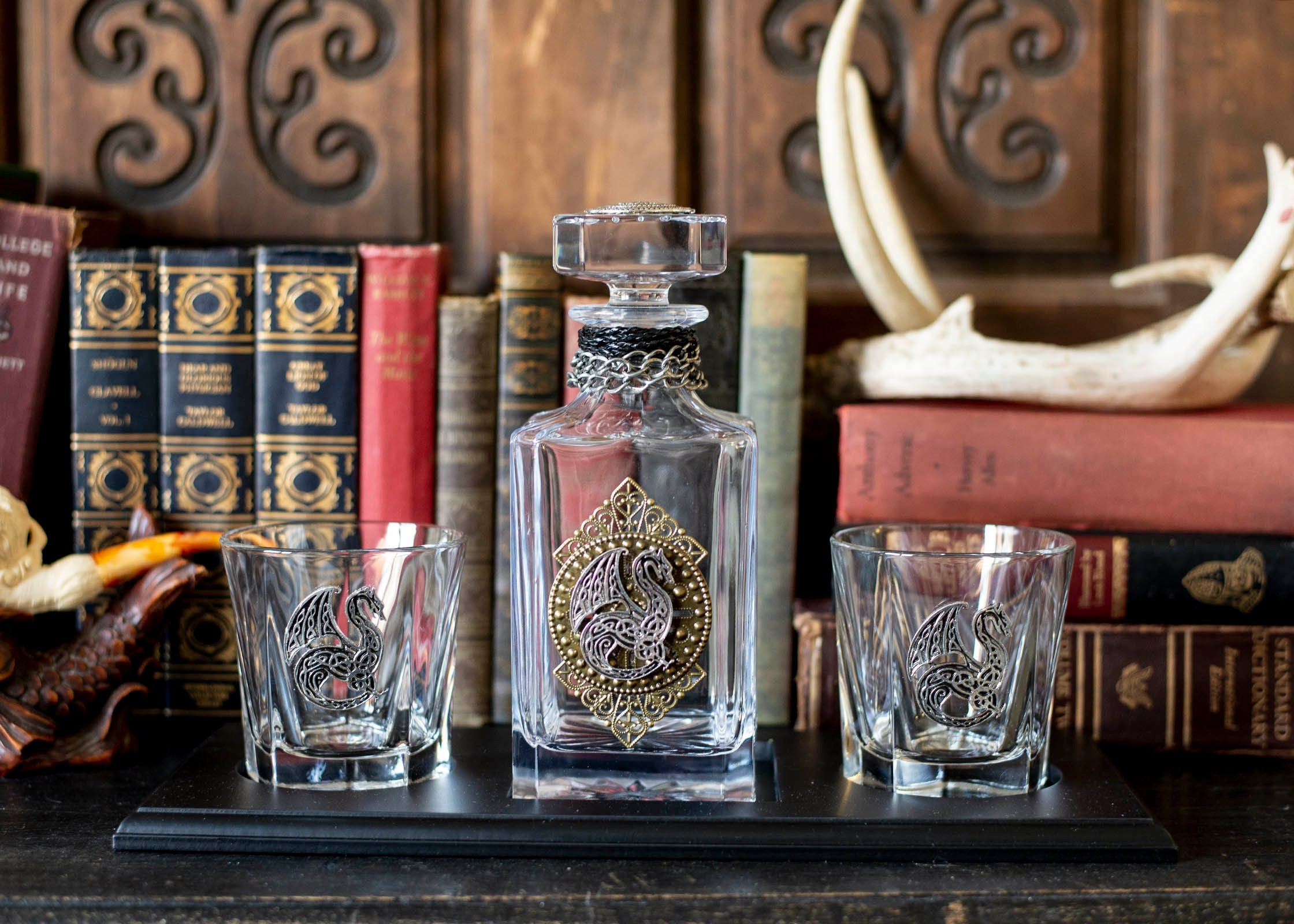 Three Feathers or Celtic Crystal Decanter & Whisky Glass Set Welsh Dragon 