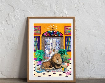 A Safe Place | Maximalist Lion, Goldfish, Giraffe Door Art Print | Trendy Chic Dorm | Bedroom Decor