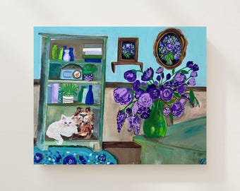 Whimsical Cat Art Painting – White & Calico Cats – Purple Floral Home Decor – Acrylic on Canvas Board – Cottagecore Art for Cat Lovers