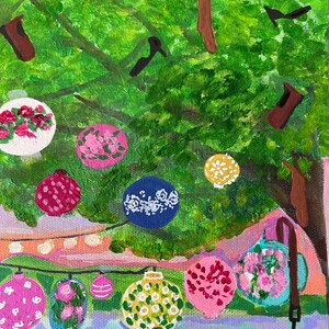 May include: An abstract painting of a tree with green foliage and colorful hanging ornaments. The ornaments are various shapes and colors, including pink, yellow, and blue. Brown shoes and socks are also painted in the tree.