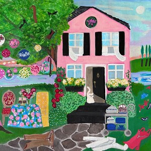 May include: A whimsical painting of a pink house with black shutters and a black door. A white cat sits on the steps. The yard features a stone path, a table with a floral tablecloth, and decorative hanging lanterns.