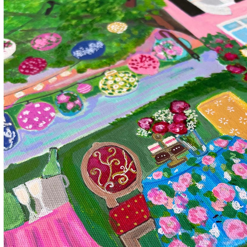 May include: An impressionistic painting of a picnic scene. A blue floral dress, a red chair, and a pink tablecloth are visible. A bottle of champagne and glasses are on the table. The background features a green lawn and colorful decorative orbs.