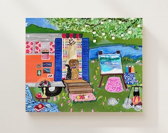 Goldie & Cricket Love Glamping! - Whimsical Original Acrylic Painting - Cozy Camper Van Art - Cottagecore Adventure Decor